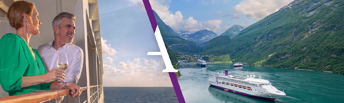 A couple enjoying a view from a cruise ship balcony; a scenic fjord with another cruise ship sailing through.
