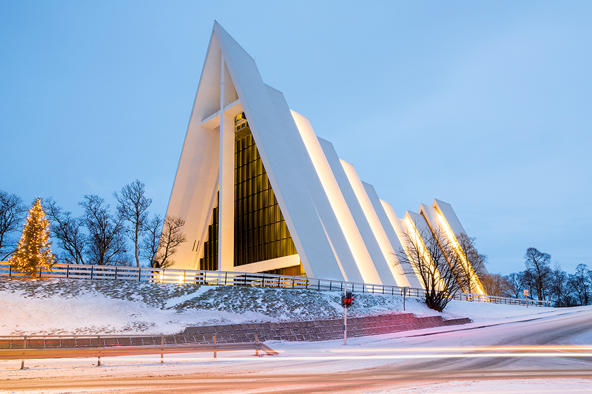 Tromso Arctic Cathedral Church in Norway at dusk twilight