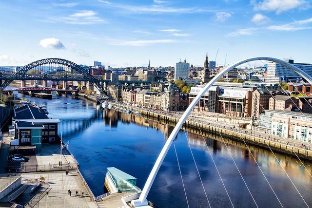 River view of Newcastle with the Tyne Bridge and Gateshead Millennium Bridge