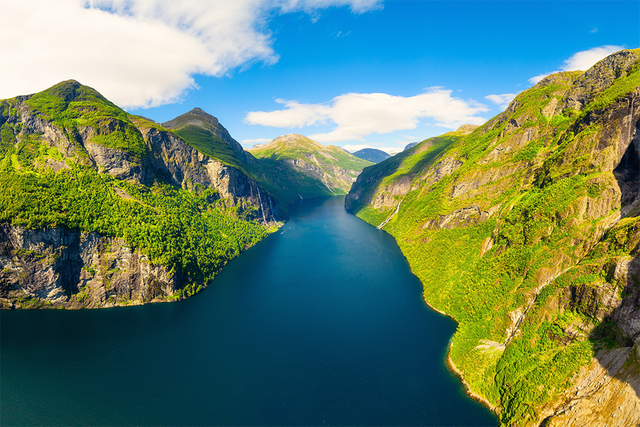 Aerial view of Geirangerfjord in the summertime