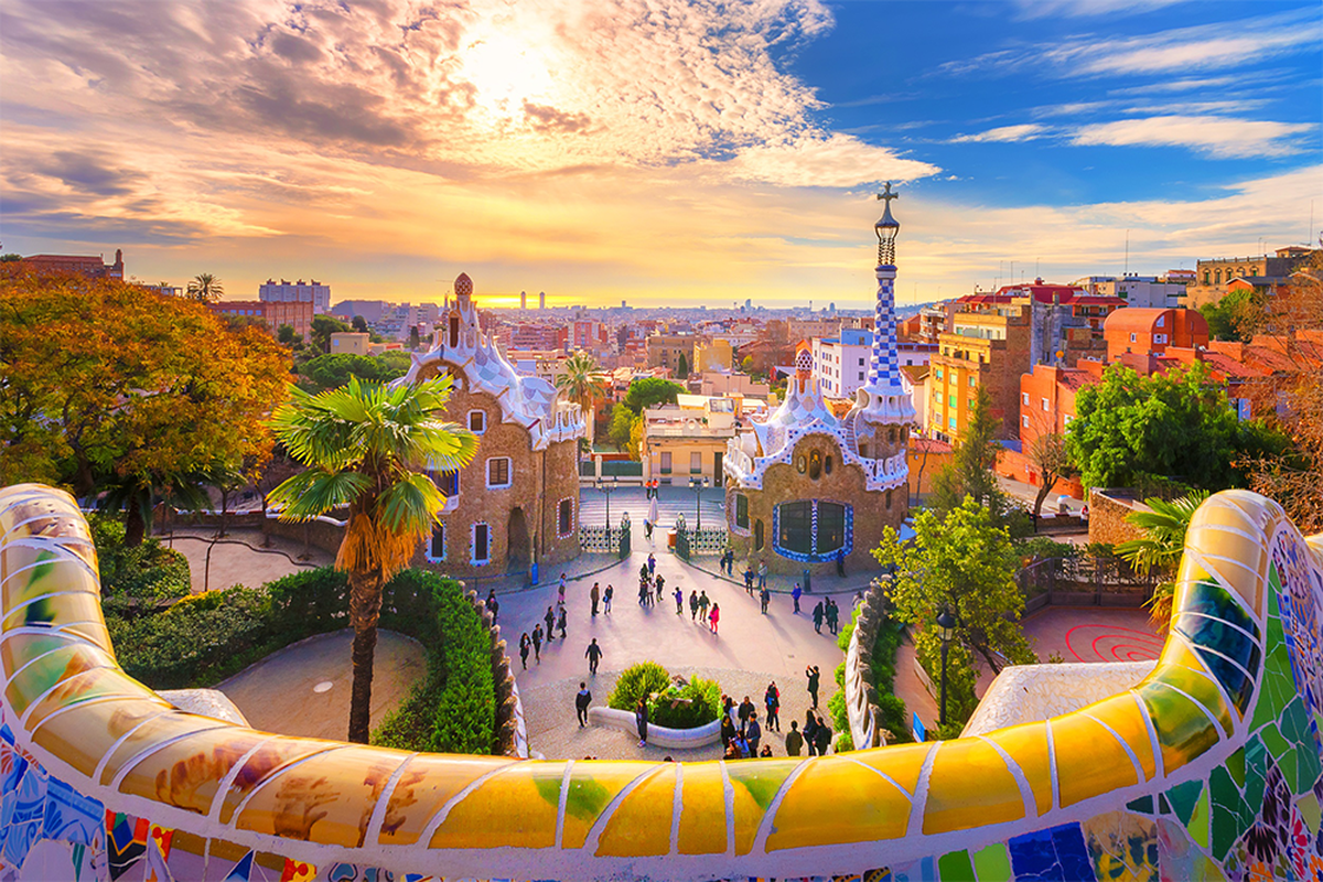 Sunset view from Park Guell in Barcelona, Spain