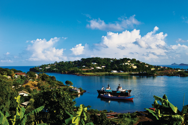 A tranquil bay with a docked ship, surrounded by lush greenery and houses in Castries St Lucia