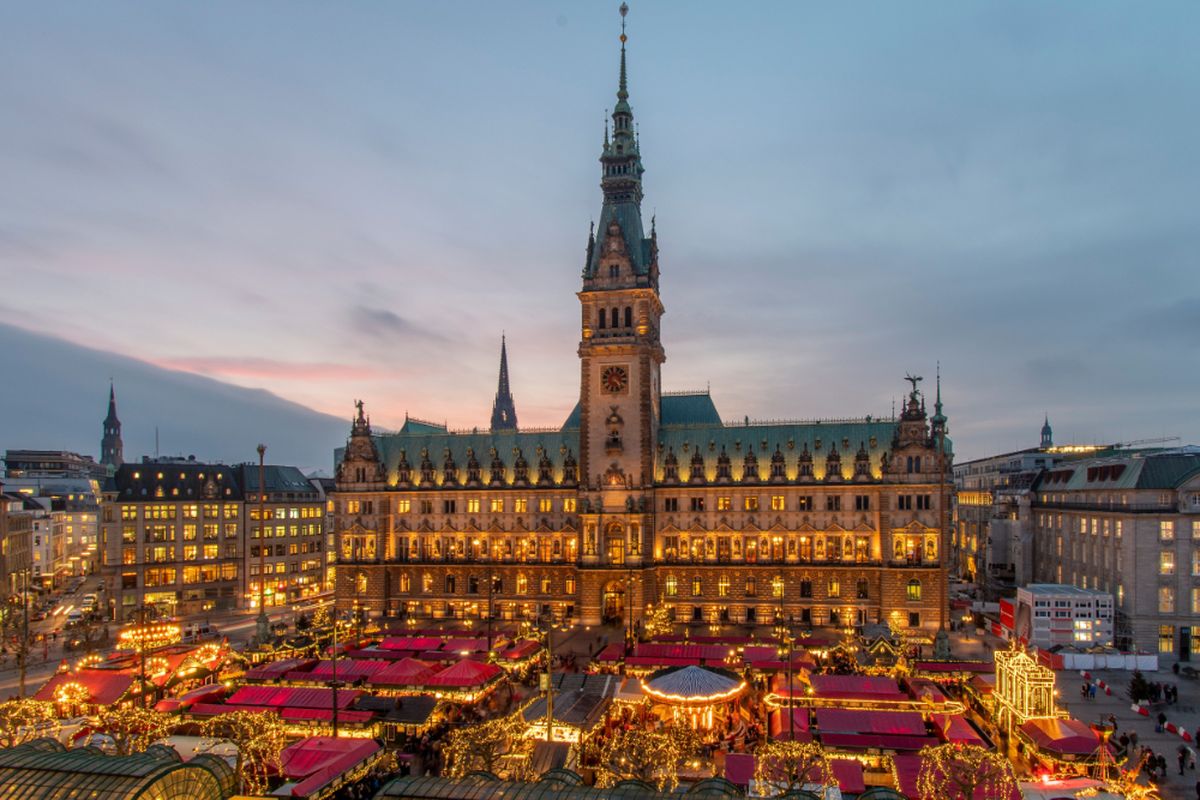 View of Hamburg Christmas Market, under the Town Hall