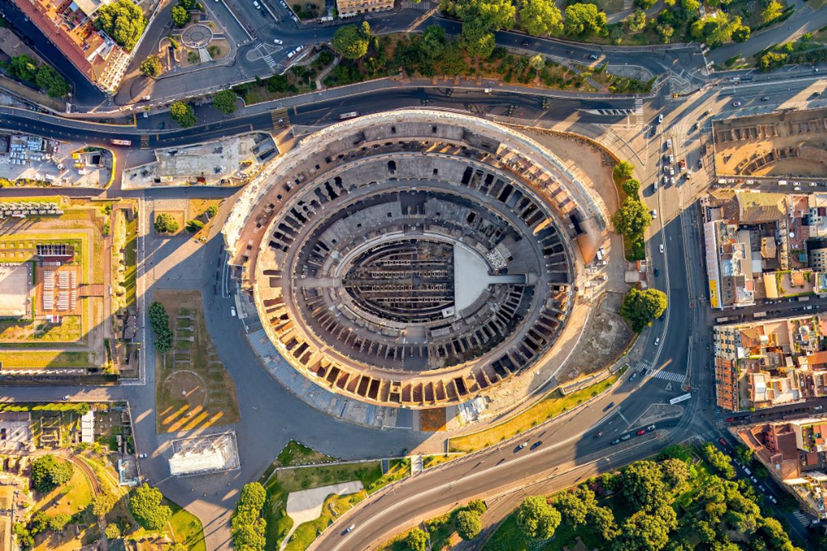 Aerial, top-down view of the Colosseum in Rome