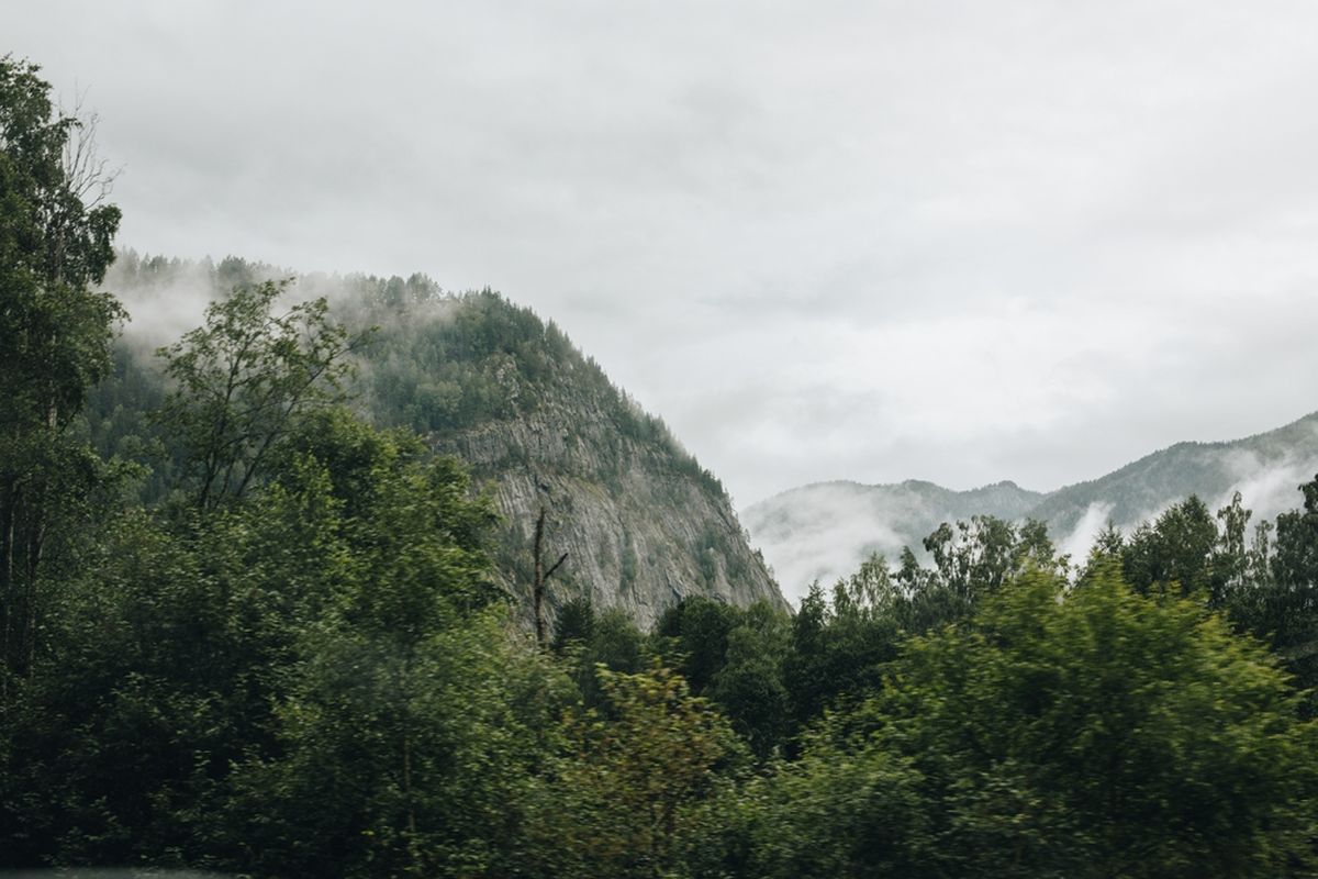 Foggy weather over the Fjords in autumn