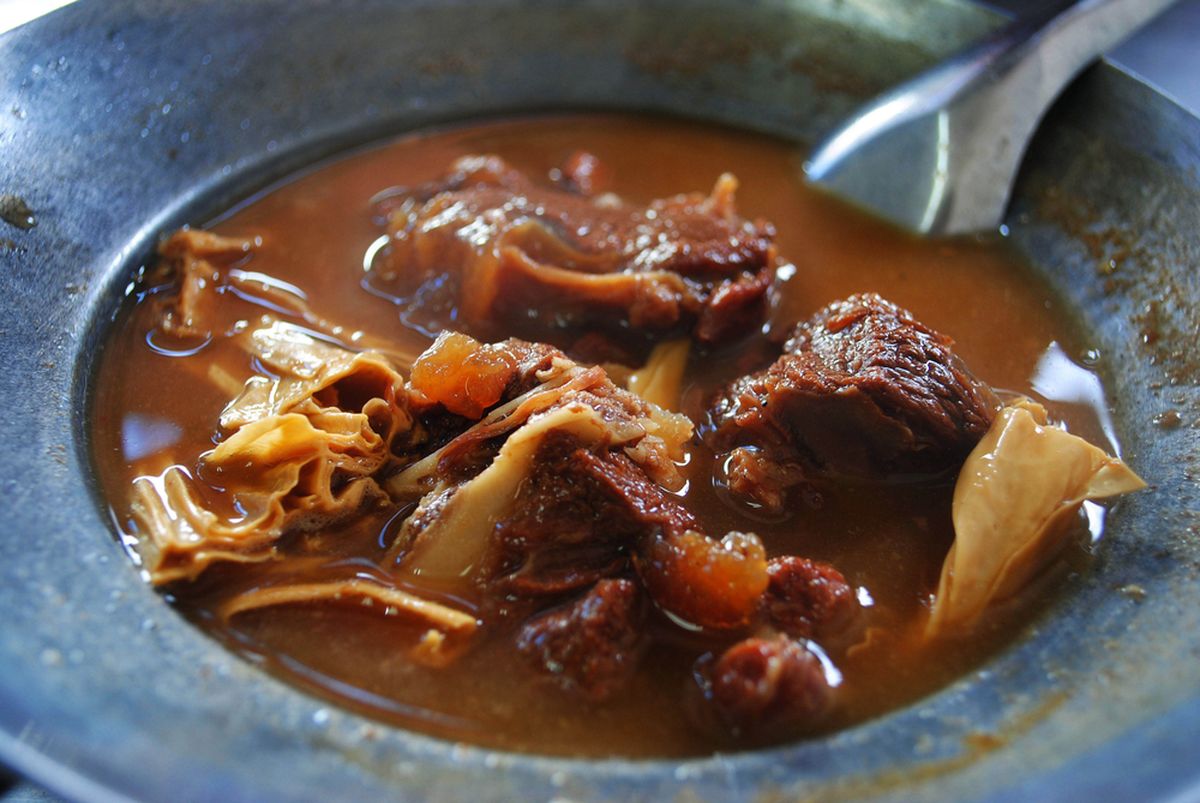 A bowl of Caribbean goat stew