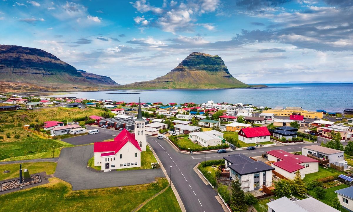 Grundarfjordur church and town taken from a drone