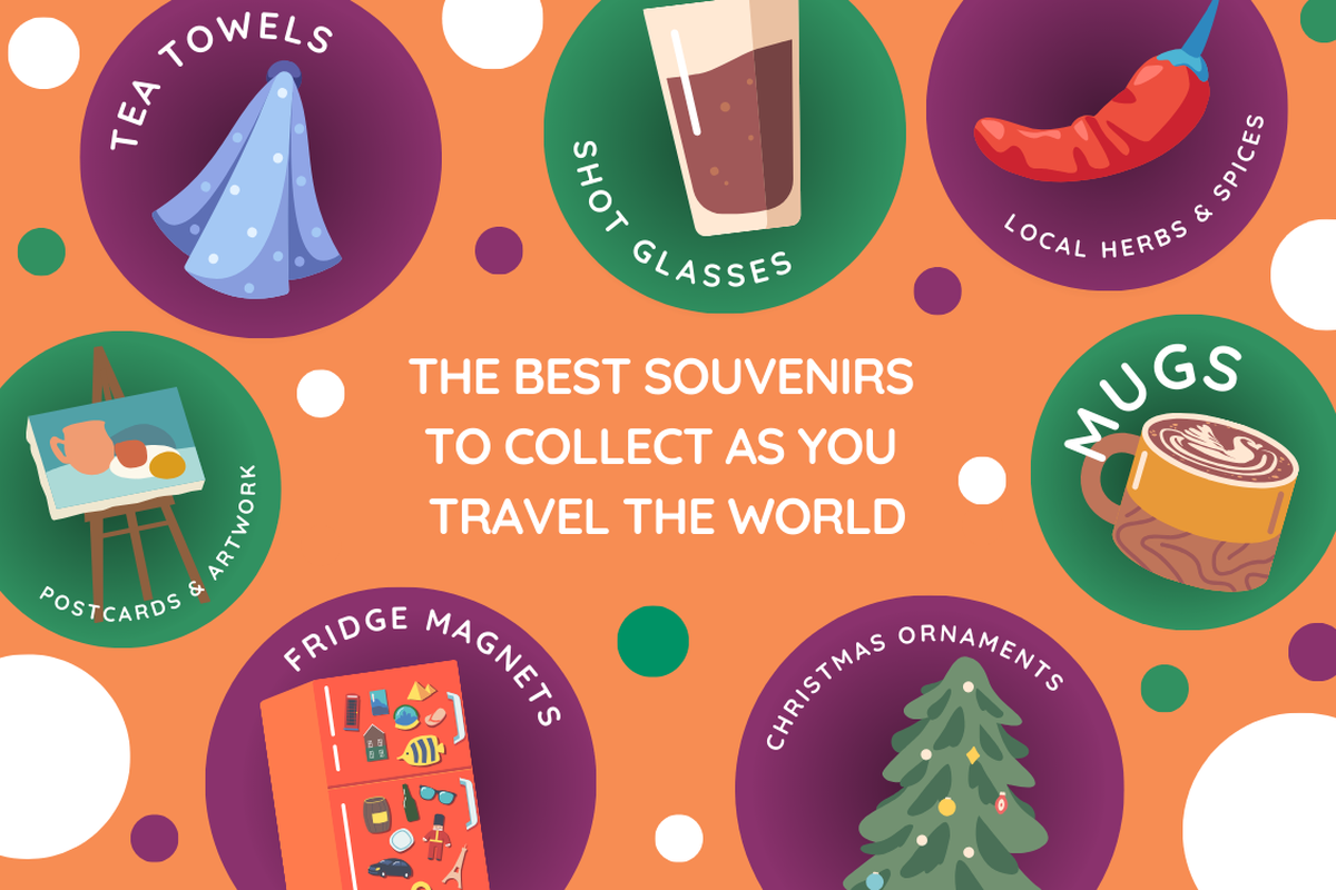 Infographic by Ambassador showing graphics representing the seven best souvenirs to collect as your travel