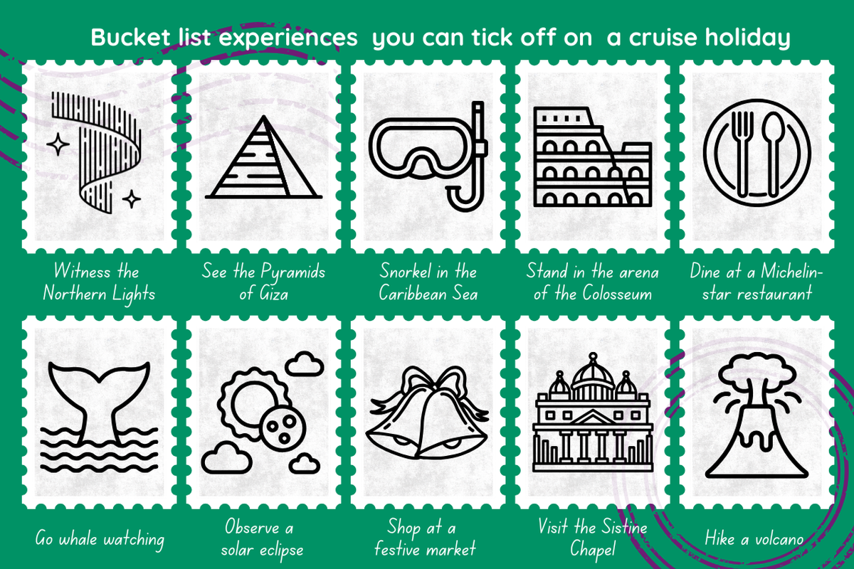 Bucket list experiences infographic, showing the experiences you can have on a cruise