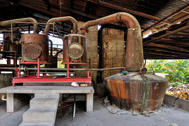 A rustic rum distillery with large copper stills and connecting pipes
