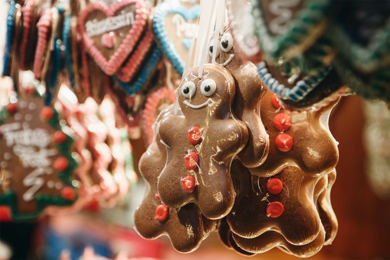 Traditional gingerbread hanging at a Christmas market