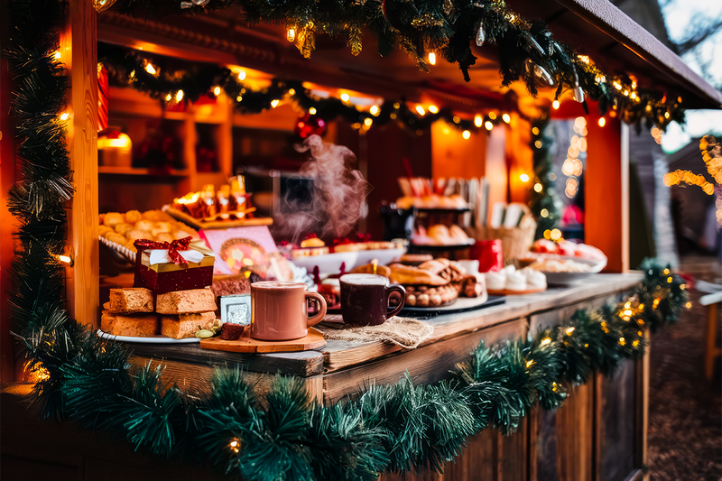 Hot Cocoa Stand. A cozy outdoor hot cocoa stand decorated with Christmas lights