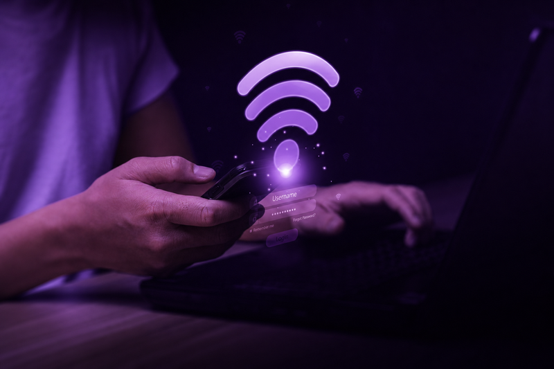 Hands Using Mobile Phone and Laptop with Glowing Wifi Icon and Login Screen in Technology Concep