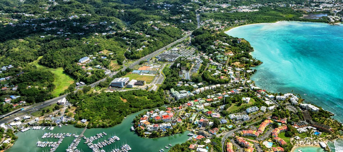 Aerial view of Marina Bas-du-Fort, Pointe-à-Pitre, Grande-Terre, Guadeloupe, Lesser Antilles, Caribbean.