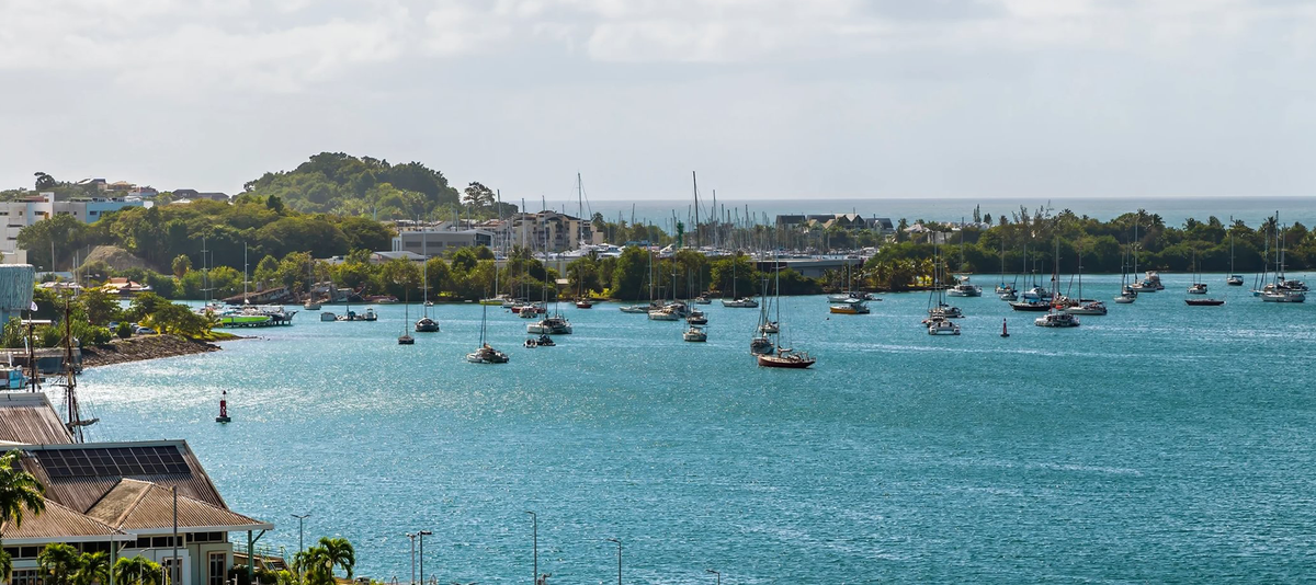 A view over a marina in Pointe a Pitre from the cruise terminal in Guadeloupe on a bright morning