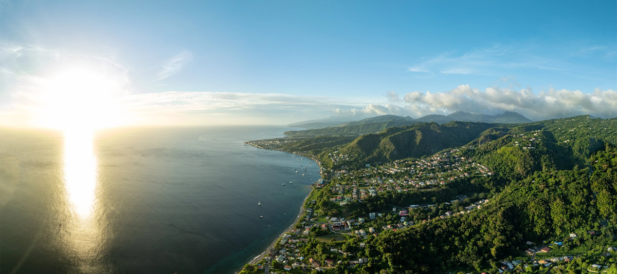 Wide-angle drone photo of Roseau, in Dominica, West Indies, Caribbean.
