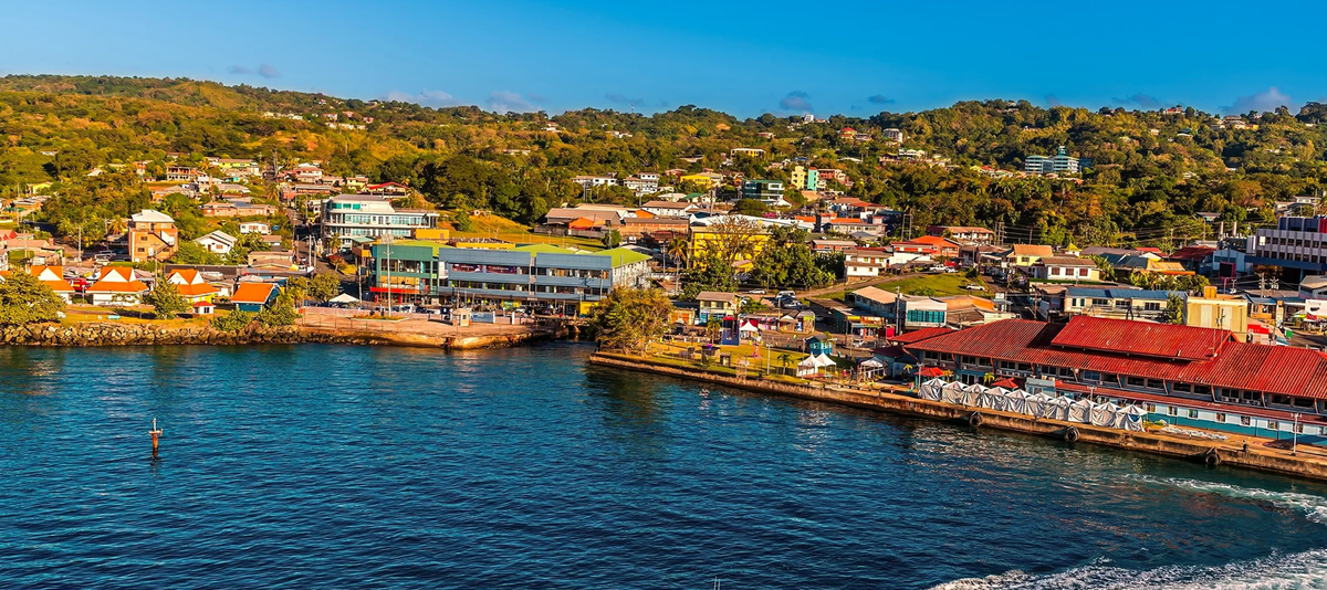 A view towards the port of Scarborough, Tobago on a bright morning in January