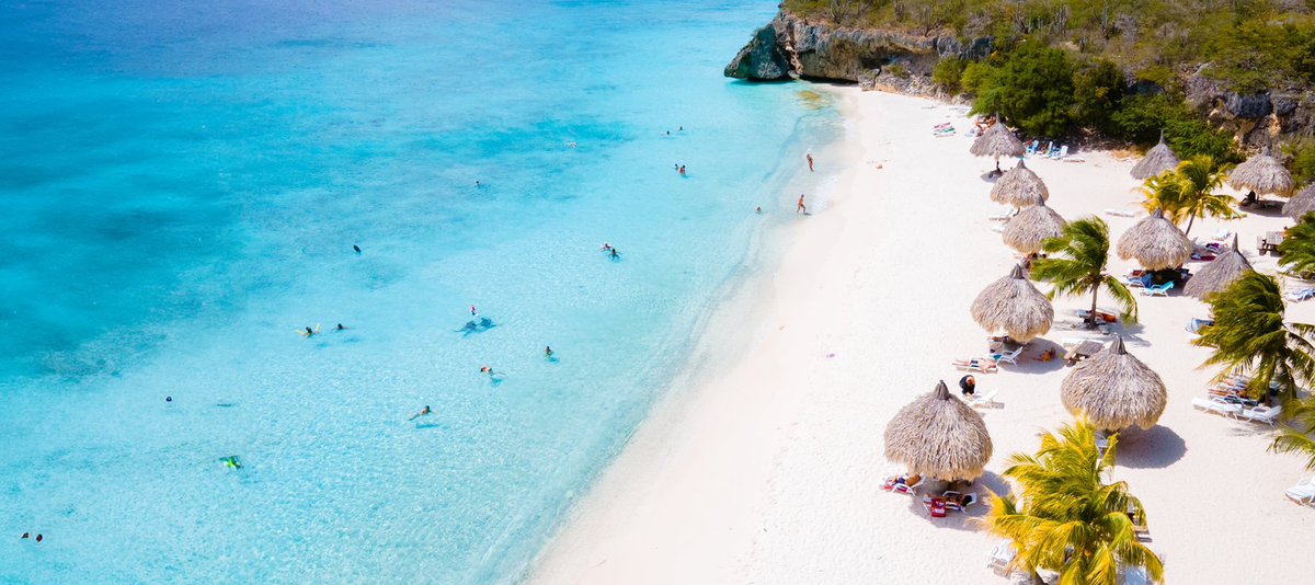Cas Abao Beach Playa Cas Abao Caribbean island of Curacao, Playa Cas Abao in Curacao a white beach with a blue turqouse colored ocean Drone aerial view