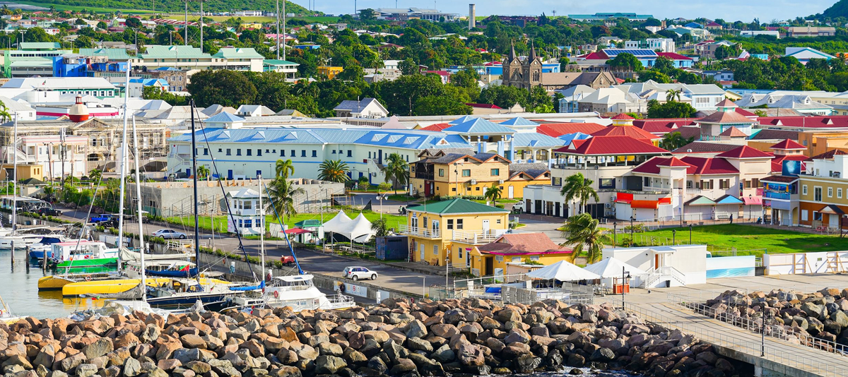 Aerial view of Port Zante marina in Basseterre, St. Kitts, in the Caribbean