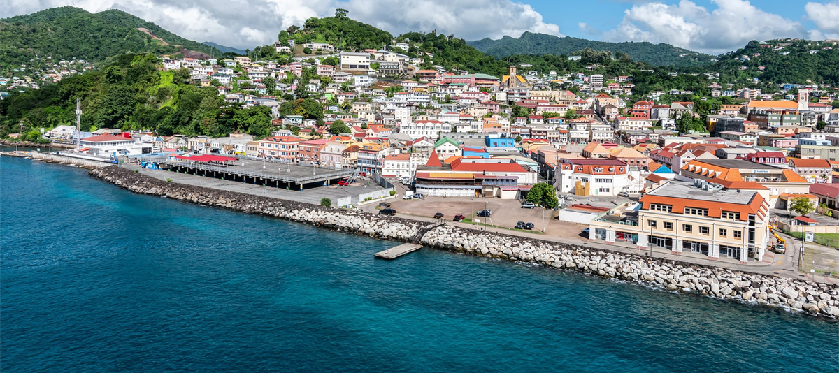 St George's Grenada harbor and cityscape.