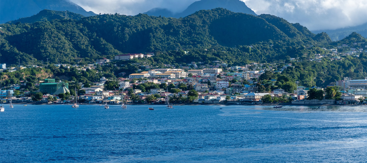 Roseau, Dominica: Roseau waterfront, capital of Dominica. Nestled between lush mountains and the sea,