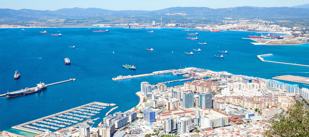 Aerial view of Gibraltar, Algeciras Bay and La Linea de la Concepcion from the Upper Rock. View on coastal city from above.