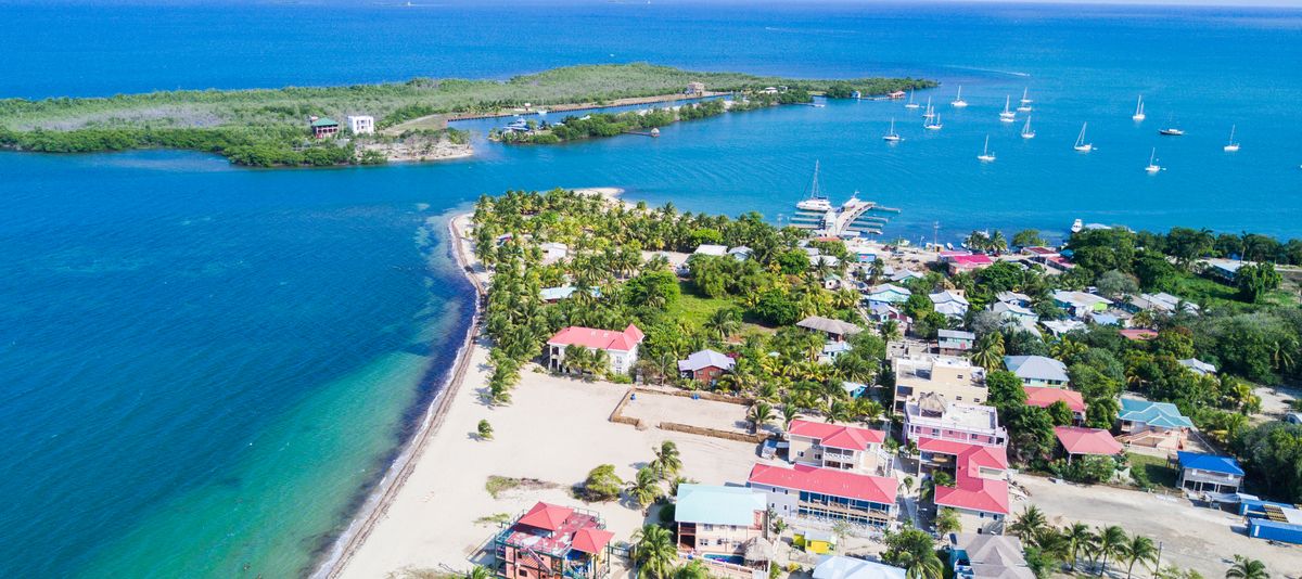 Aerial View of Placencia Village in Southern Belize. Caribbean Sea and beaches.