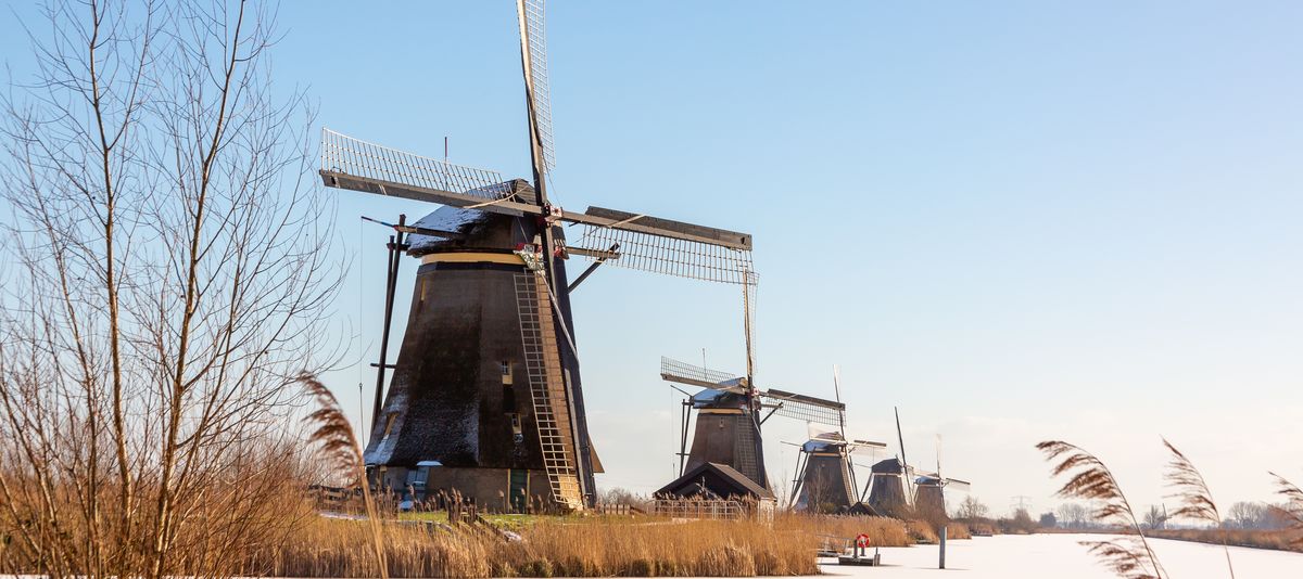 Windmills in the snow in the Netherlands